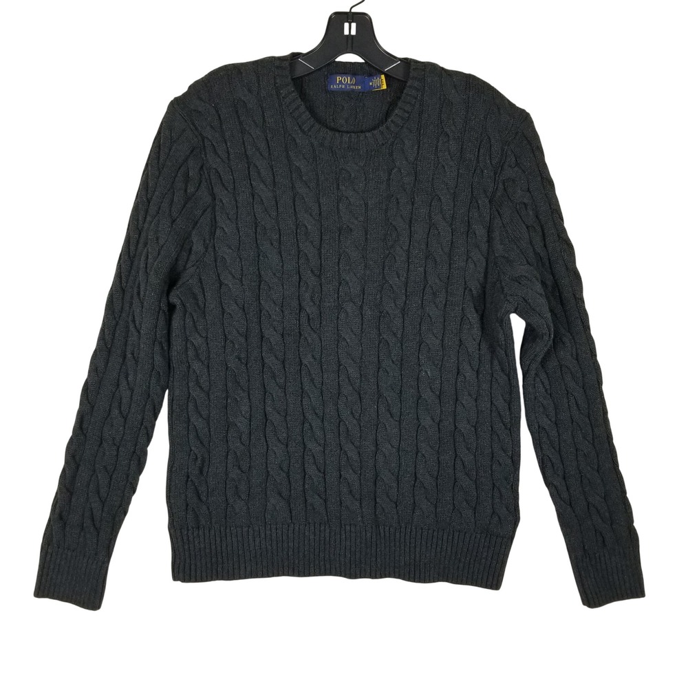 Polo Ralph Lauren Sweater Mens M Charcoal Grey Cable Knit Cotton Crew Neck